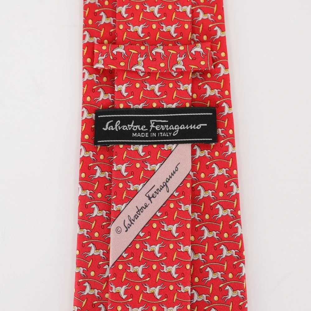 Salvatore Ferragamo Silk Necktie Tie Red Horse Equestrian Novelty Print Italy